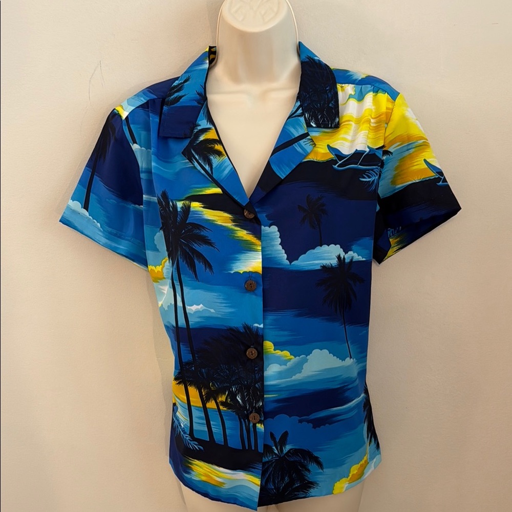 Vintage Kole Kole Button-Down Tropical Palm Print Blue Hawaiian Shirt Women’s S